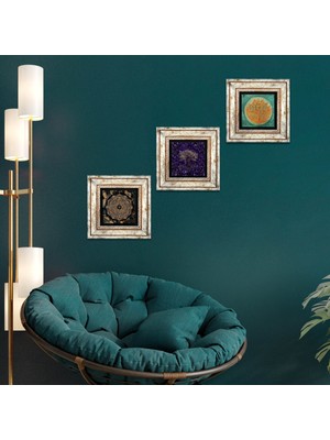 Pinecone Stone Hayat Ağacı, Sri Yantra, Lotus Çiçeği Çerçeveli Taş Duvar Tablosu 3’lü Set - Dekoratif Modern Sanat, Ev ve Ofis Dekoru |TK3-1776|