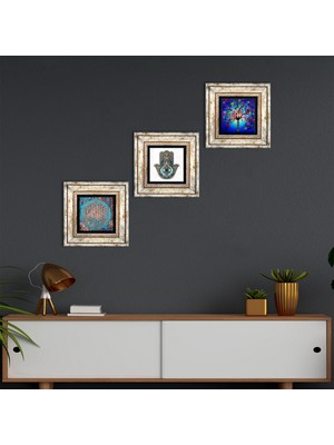 Pinecone Stone Yaşam Çiçeği, Hayat Ağacı, Fatma Ana Eli (Hamsa) Çerçeveli Taş Duvar Tablosu 3’lü Set - Dekoratif Modern Sanat, Ev ve Ofis Dekoru |TK3-323|