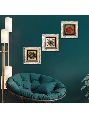 Pinecone Stone Nazar Boncuğu, Fas Desenli Vintage, Bereket Duası Çerçeveli Taş Duvar Tablosu 3’lü Set - Dekoratif Modern Sanat, Ev ve Ofis Dekoru |TK3-281|