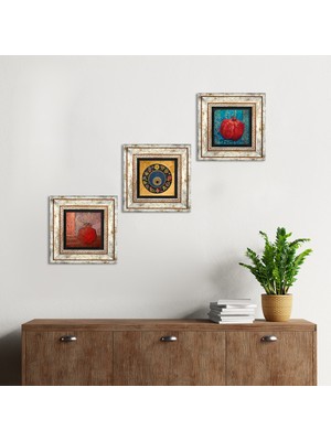 Pinecone Stone Nazar Boncuğu, Nar Çerçeveli Taş Duvar Tablosu 3’lü Set - Dekoratif Modern Sanat, Ev ve Ofis Dekoru |TK3-191|