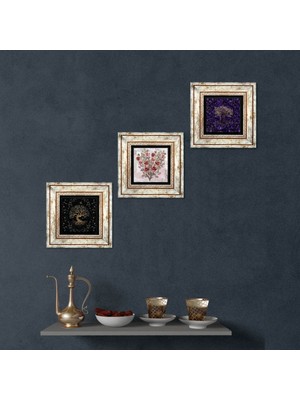 Pinecone Stone Gül Çiçek, Hayat Ağacı Çerçeveli Taş Duvar Tablosu 3’lü Set - Dekoratif Modern Sanat, Ev ve Ofis Dekoru |TK3-1923|