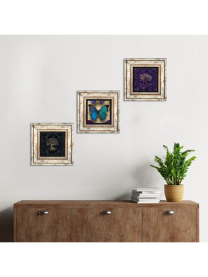 Pinecone Stone Kelebek, Hayat Ağacı Çerçeveli Taş Duvar Tablosu 3’lü Set - Dekoratif Modern Sanat, Ev ve Ofis Dekoru |TK3-1926|