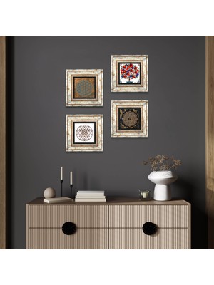 Pinecone Stone Yaşam Çiçeği, Sri Yantra, Nar Ağacı Çerçeveli Taş Duvar Tablosu 4’lü Set - Dekoratif Modern Sanat, Ev ve Ofis Dekoru |TK4-1017|