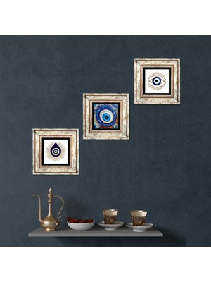 Pinecone Stone Nazar Çerçeveli Taş Duvar Tablosu 3’lü Set - Dekoratif Modern Sanat, Ev ve Ofis Dekoru |TK3-1906|
