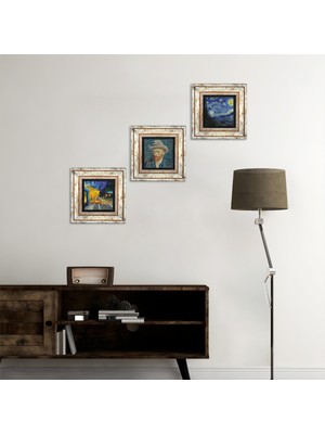 Pinecone Stone Van Gogh Kafe Terasta Gece, Yıldızlı Gece, Otoportre Çerçeveli Taş Duvar Tablosu 3’lü Set - Dekoratif Modern Sanat, Ev ve Ofis Dekoru |TK3-462|