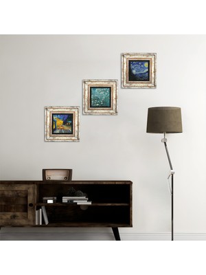 Pinecone Stone Van Gogh Kafe Terasta Gece, Yıldızlı Gece, Badem Ağacı Çerçeveli Taş Duvar Tablosu 3’lü Set - Dekoratif Modern Sanat, Ev ve Ofis Dekoru |TK3-461|
