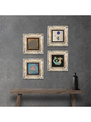 Pinecone Stone Yaşam Çiçeği, Ebru Sanatı, Şahmeran Çerçeveli Taş Duvar Tablosu 4’lü Set - Dekoratif Modern Sanat, Ev ve Ofis Dekoru |TK4-463|