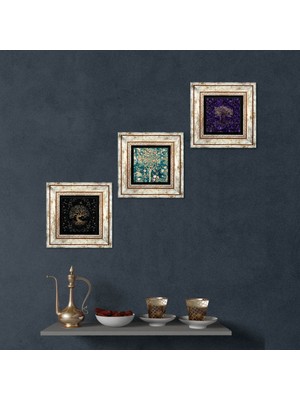 Pinecone Stone Hayat Ağacı Çerçeveli Taş Duvar Tablosu 3’lü Set - Dekoratif Modern Sanat, Ev ve Ofis Dekoru |TK3-1913|