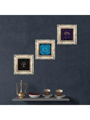 Pinecone Stone Mandala, Hayat Ağacı Çerçeveli Taş Duvar Tablosu 3’lü Set - Dekoratif Modern Sanat, Ev ve Ofis Dekoru |TK3-1917|