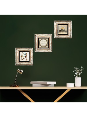 Pinecone Stone Mescid-i Aksa, İlk Ayet 'Oku', Hilye-i Şerif Çerçeveli Taş Duvar Tablosu 3’lü Set - Dekoratif Modern Sanat, Ev ve Ofis Dekoru |TK3-655|