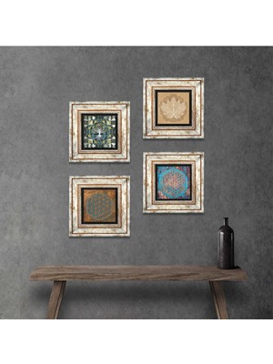 Pinecone Stone Hayat Ağacı, Yaşam Çiçeği, Lotus Çiçeği Çerçeveli Taş Duvar Tablosu 4’lü Set - Dekoratif Modern Sanat, Ev ve Ofis Dekoru |TK4-820|