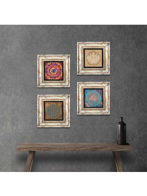 Pinecone Stone Mandala, Yaşam Çiçeği, Lotus Çiçeği Çerçeveli Taş Duvar Tablosu 4’lü Set - Dekoratif Modern Sanat, Ev ve Ofis Dekoru |TK4-826|