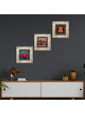 Pinecone Stone Hırka-i Şerif, Nar Çerçeveli Taş Duvar Tablosu 3’lü Set - Dekoratif Modern Sanat, Ev ve Ofis Dekoru |TK3-831|