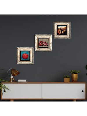 Pinecone Stone Salvador Dalí Belleğin Azmi, Nar Çerçeveli Taş Duvar Tablosu 3’lü Set - Dekoratif Modern Sanat, Ev ve Ofis Dekoru |TK3-843|