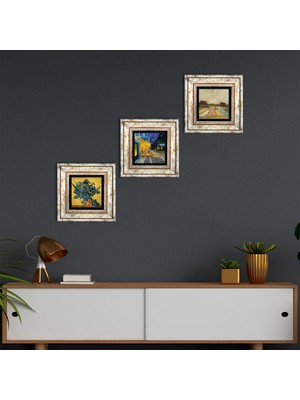 Pinecone Stone Van Gogh Süsenler, Lale Tarlaları, Kafe Terasta Gece Çerçeveli Taş Duvar Tablosu 3’lü Set - Dekoratif Modern Sanat, Ev ve Ofis Dekoru |TK3-475|