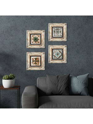 Pinecone Fas Desenli Vintage, Çini Sanatı Taş Duvar Tablosu Çerçeveli Duvar Dekoru 4 Parça Tablo Seti Wall Art T4-118