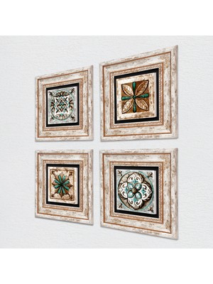 Pinecone Fas Desenli Vintage, Çini Sanatı Taş Duvar Tablosu Çerçeveli Duvar Dekoru 4 Parça Tablo Seti Wall Art T4-118