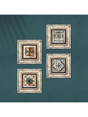 Pinecone Fas Desenli Vintage, Çini Sanatı Taş Duvar Tablosu Çerçeveli Duvar Dekoru 4 Parça Tablo Seti Wall Art T4-118