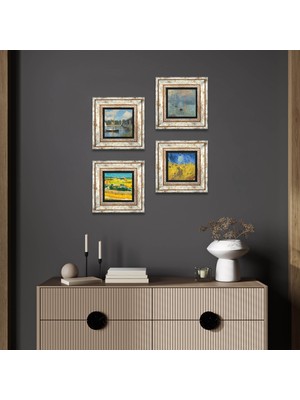 Pinecone Stone Van Gogh, Claude Monet Çerçeveli Taş Duvar Tablosu 4’lü Set - Dekoratif Modern Sanat, Ev ve Ofis Dekoru |TK4-1184|