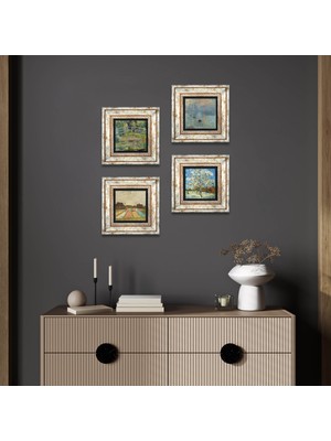 Pinecone Stone Van Gogh, Claude Monet Çerçeveli Taş Duvar Tablosu 4’lü Set - Dekoratif Modern Sanat, Ev ve Ofis Dekoru |TK4-1189|