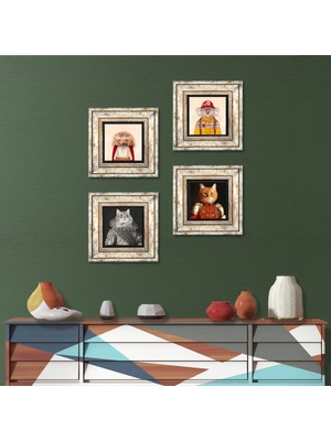 Pinecone Stone Patili Ekselanslar, Kirpi, Koala Çerçeveli Taş Duvar Tablosu 4’lü Set - Dekoratif Modern Sanat, Ev ve Ofis Dekoru |TK4-1353|