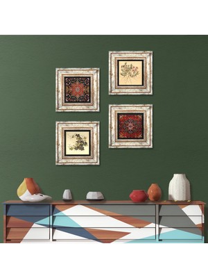 Pinecone Stone Desen, Vintage Çiçek Çerçeveli Taş Duvar Tablosu 4’lü Set - Dekoratif Modern Sanat, Ev ve Ofis Dekoru |TK4-1363|