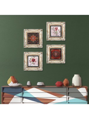 Pinecone Stone Gül Çiçek, Desen Çerçeveli Taş Duvar Tablosu 4’lü Set - Dekoratif Modern Sanat, Ev ve Ofis Dekoru |TK4-1364|