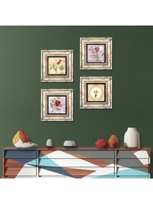 Pinecone Stone Gül Çiçek, Lale Çerçeveli Taş Duvar Tablosu 4’lü Set - Dekoratif Modern Sanat, Ev ve Ofis Dekoru |TK4-1371|