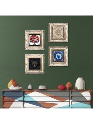 Pinecone Stone Nazar, Hayat Ağacı, Nar Ağacı Çerçeveli Taş Duvar Tablosu 4’lü Set - Dekoratif Modern Sanat, Ev ve Ofis Dekoru |TK4-1549|