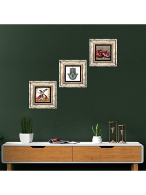 Pinecone Stone Semazen, Nar, Fatma Ana Eli (Hamsa) Çerçeveli Taş Duvar Tablosu 3’lü Set - Dekoratif Modern Sanat, Ev ve Ofis Dekoru |TK3-105|