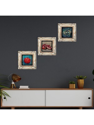 Pinecone Nazar, Nar Taş Duvar Tablosu Çerçeveli Duvar Dekoru 3 Parça Tablo Seti Wall Art T3-830