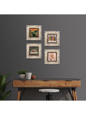 Pinecone Stone Leonardo da Vinci, Çığlık, Yerli Kadınlar Çerçeveli Taş Duvar Tablosu 4’lü Set - Dekoratif Modern Sanat, Ev ve Ofis Dekoru |TK4-1718|