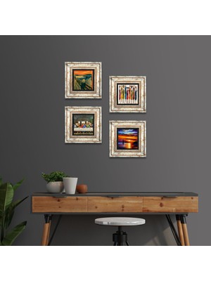 Pinecone Stone Da Vinci Son Akşam Yemeği, Çığlık, Yerli Kadınlar, Deniz Manzarası Çerçeveli Taş Duvar Tablosu 4’lü Set - Dekoratif Modern Sanat, Ev ve Ofis Dekoru |TK4-1737|