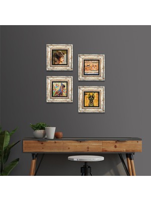 Pinecone Stone Antik Mısır Çerçeveli Taş Duvar Tablosu 4’lü Set - Dekoratif Modern Sanat, Ev ve Ofis Dekoru |TK4-03|