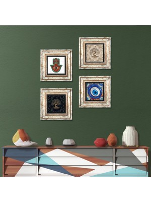 Pinecone Stone Nazar, Fatma Ana Eli (Hamsa), Hayat Ağacı Çerçeveli Taş Duvar Tablosu 4’lü Set - Dekoratif Modern Sanat, Ev ve Ofis Dekoru |TK4-1560|