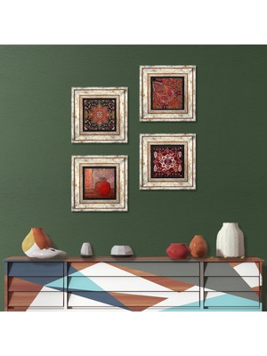 Pinecone Stone Nar, Desen Çerçeveli Taş Duvar Tablosu 4’lü Set - Dekoratif Modern Sanat, Ev ve Ofis Dekoru |TK4-1357|