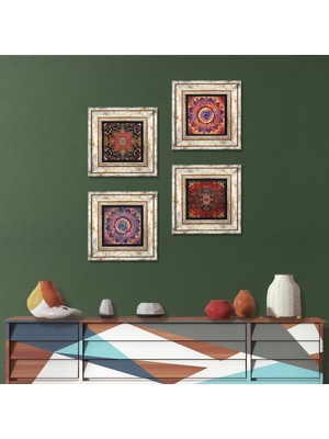 Pinecone Stone Desen, Mandala Çerçeveli Taş Duvar Tablosu 4’lü Set - Dekoratif Modern Sanat, Ev ve Ofis Dekoru |TK4-1361|