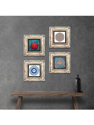 Pinecone Stone Nazar, Yaşam Çiçeği, Nar Çerçeveli Taş Duvar Tablosu 4’lü Set - Dekoratif Modern Sanat, Ev ve Ofis Dekoru |TK4-829|