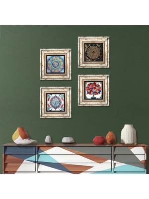 Pinecone Stone Mandala, Sri Yantra, Çini Sanatı, Nar Ağacı Çerçeveli Taş Duvar Tablosu 4’lü Set - Dekoratif Modern Sanat, Ev ve Ofis Dekoru |TK4-289|