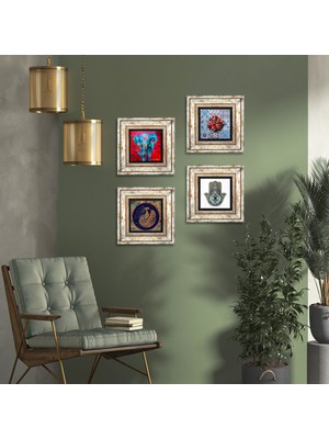 Pinecone Stone Fil, Tavus Kuşu, Nar, Fatma Ana Eli (Hamsa) Çerçeveli Taş Duvar Tablosu 4’lü Set - Dekoratif Modern Sanat, Ev ve Ofis Dekoru |TK4-293|