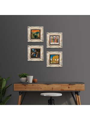 Pinecone Stone Salvador Dalí, Leonardo da Vinci, Çığlık, Yerli Kadınlar Çerçeveli Taş Duvar Tablosu 4’lü Set - Dekoratif Modern Sanat, Ev ve Ofis Dekoru |TK4-1711|
