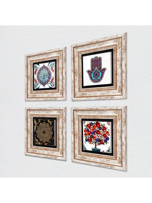 Pinecone Sri Yantra, Fatma Ana Eli (Hamsa), Çini Sanatı, Nar Ağacı Taş Duvar Tablosu Çerçeveli Duvar Dekoru 4 Parça Tablo Seti Wall Art T4-283