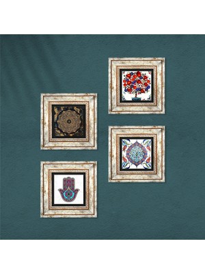 Pinecone Sri Yantra, Fatma Ana Eli (Hamsa), Çini Sanatı, Nar Ağacı Taş Duvar Tablosu Çerçeveli Duvar Dekoru 4 Parça Tablo Seti Wall Art T4-283