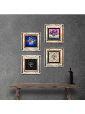 Pinecone Stone Hayat Ağacı Çerçeveli Taş Duvar Tablosu 4’lü Set - Dekoratif Modern Sanat, Ev ve Ofis Dekoru |TK4-849|
