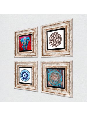 Pinecone Nazar, Fil, Yaşam Çiçeği Taş Duvar Tablosu Çerçeveli Duvar Dekoru 4 Parça Tablo Seti Wall Art T4-827