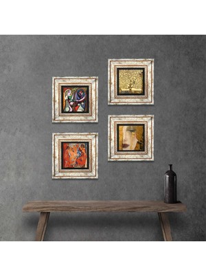 Pinecone Stone Picasso, Gustav Klimt Çerçeveli Taş Duvar Tablosu 4’lü Set - Dekoratif Modern Sanat, Ev ve Ofis Dekoru |TK4-685|