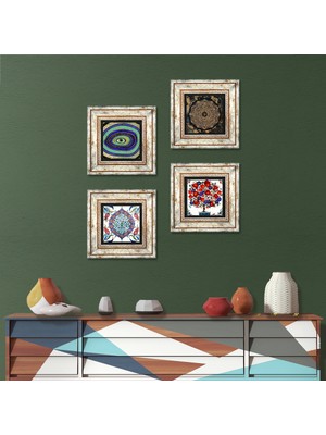 Pinecone Stone Nazar, Sri Yantra, Çini Sanatı, Nar Ağacı Çerçeveli Taş Duvar Tablosu 4’lü Set - Dekoratif Modern Sanat, Ev ve Ofis Dekoru |TK4-288|