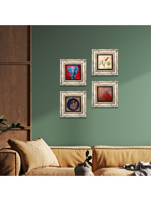 Pinecone Stone Fil, Tavus Kuşu, Lale, Nar Çerçeveli Taş Duvar Tablosu 4’lü Set - Dekoratif Modern Sanat, Ev ve Ofis Dekoru |TK4-306|