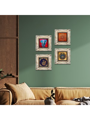Pinecone Stone Fil, Tavus Kuşu, Sri Yantra, Nazar Çerçeveli Taş Duvar Tablosu 4’lü Set - Dekoratif Modern Sanat, Ev ve Ofis Dekoru |TK4-310|