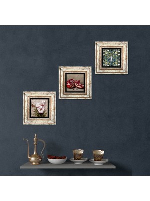 Pinecone Stone Hayat Ağacı, Kelebekli Çiçek, Nar Çerçeveli Taş Duvar Tablosu 3’lü Set - Dekoratif Modern Sanat, Ev ve Ofis Dekoru |TK3-1259|